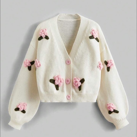 ROMWE Sweaters - Romwe white cardigan with flower appliqué
